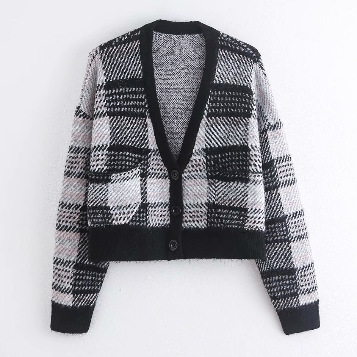 wholesale autumn plaid v-neck knitted cardigan jacket NSAM4899