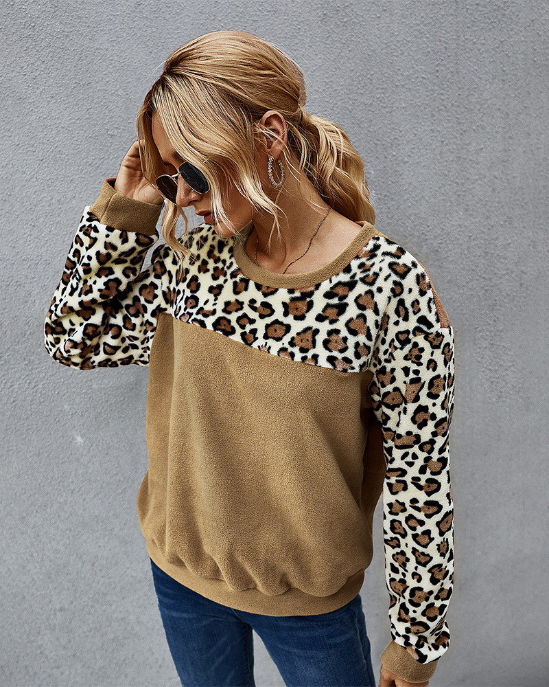 winter fleece sweater sexy leopard print contrast long-sleeved T-shirt  NSKA296