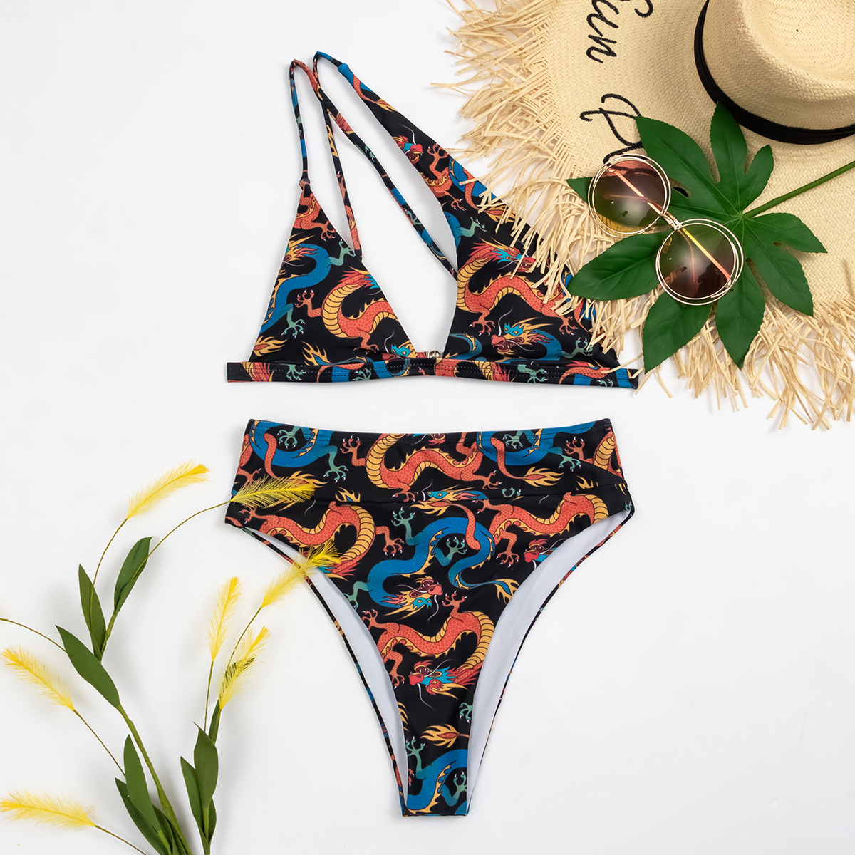 retro dragon print triangle gathered bikini  NSZO19505