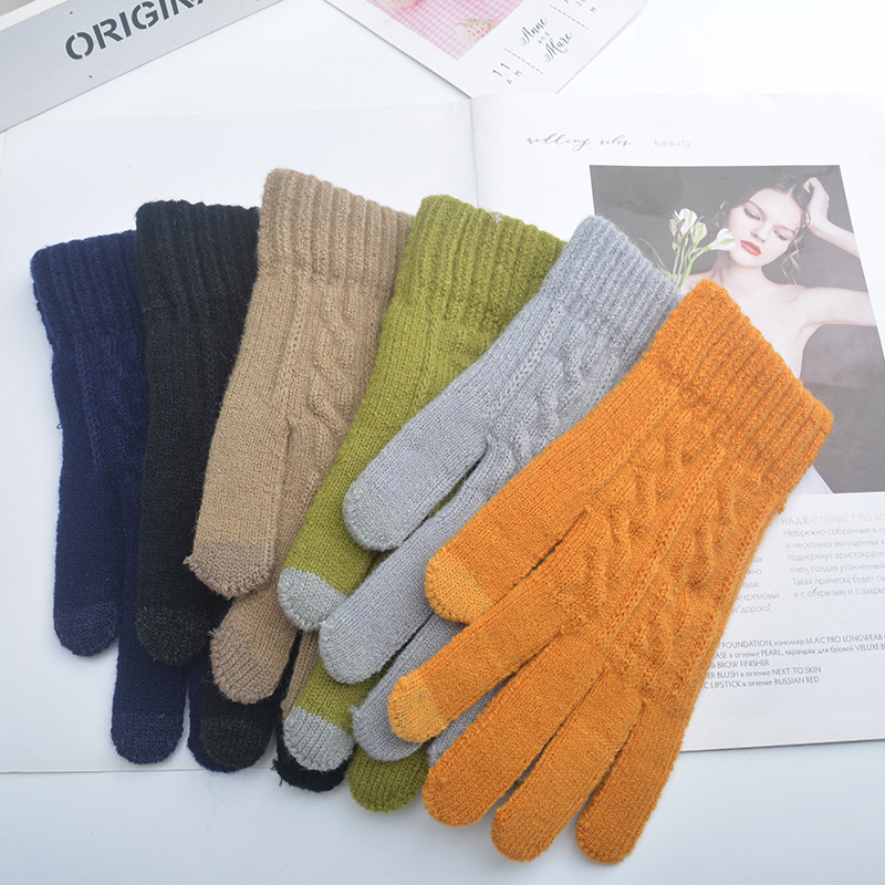 仿羊絨觸屏手套女冬季提花可愛分指加厚加絨學生五指手套工廠批發