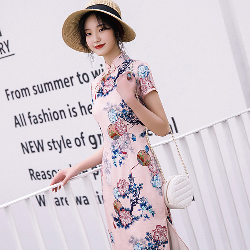 Chinese Dress cheongsam for womenWomen&apos;s cotton cheongsam Print Photo short sleeve cheongsam skirt