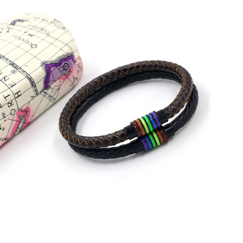 Fashion Woven Cowhide Rainbow Buckle Bracelet Men And Women Titanium Steel Magnetic Buckle Jewelry display picture 1