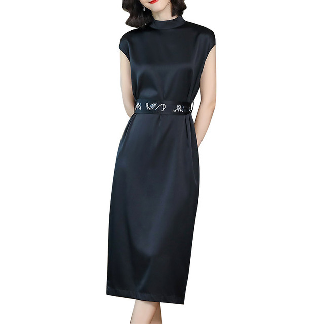 Silk dress women’s medium length thin black silk skirt
