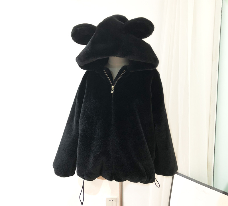 Women's thick furry cute hooded brown bear ears imitation Rex rabbit hair short zip coat_voghion.com