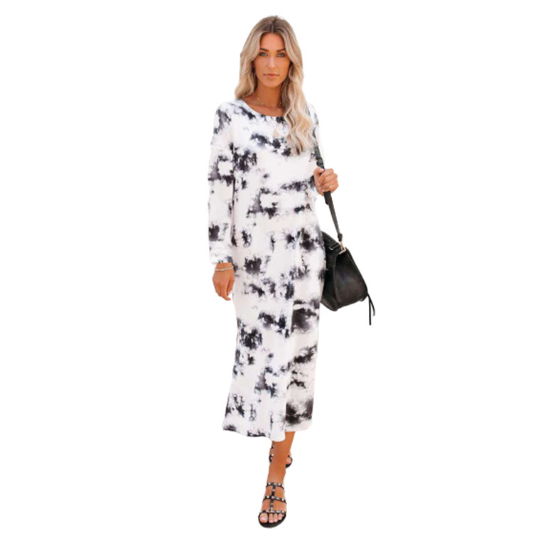 tie-dye printed round neck long sleeves dress  NSLZ34166