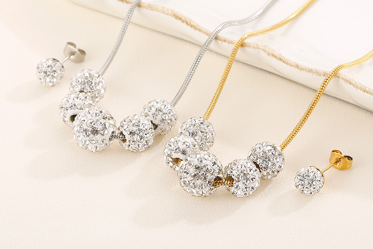 Korean temperament rhinestone small round bead necklace earring set stainless steel steel ball jewel