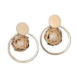 随变  韩国气质金属圆环镂空金丝球珍珠吊坠耳环女个性夸张潮人