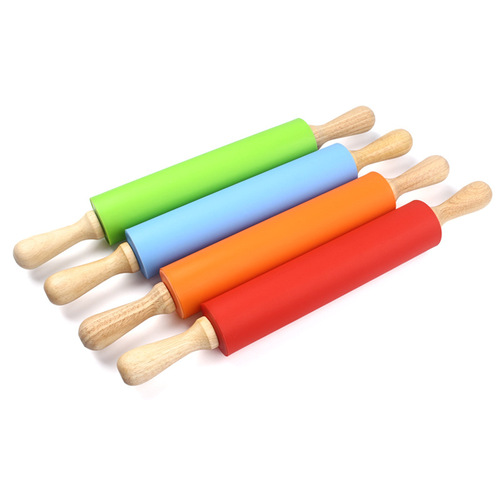 Silicone roller rolling pin kitchen supplies dumpling skin rolling pin baking flour solid wood handle dough pressing wholesale