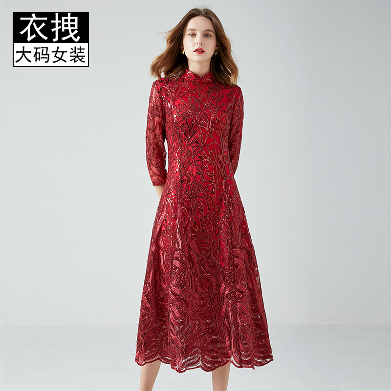 Plus-size evening gowns, high-quality embroidered designs, suitable for weddings, banquets, mothers-in-law, bridesmaids, mid-length lace dresses.