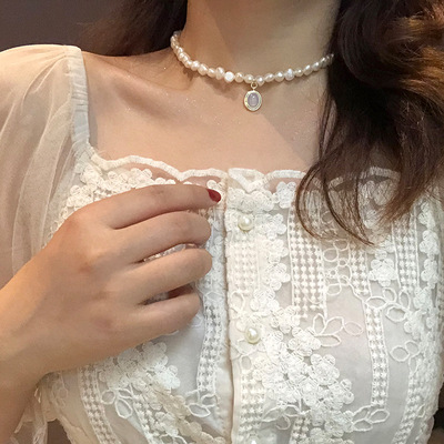 法式复古巴天然巴洛克不规则异形珍珠项链月光石吊坠锁骨链女颈链|ms