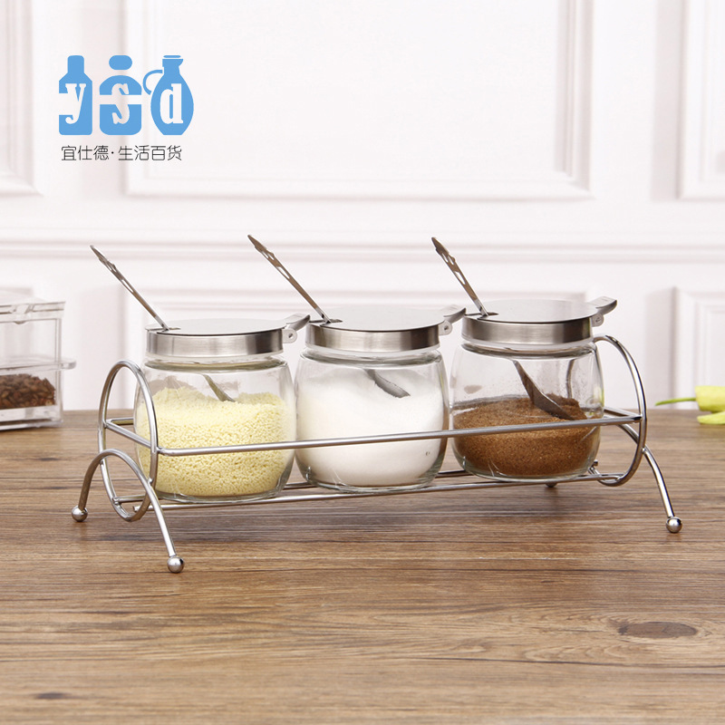 調料瓶玻璃收納罐調料盒廚房用品家用調味瓶組合鐵架套裝帶勺批發