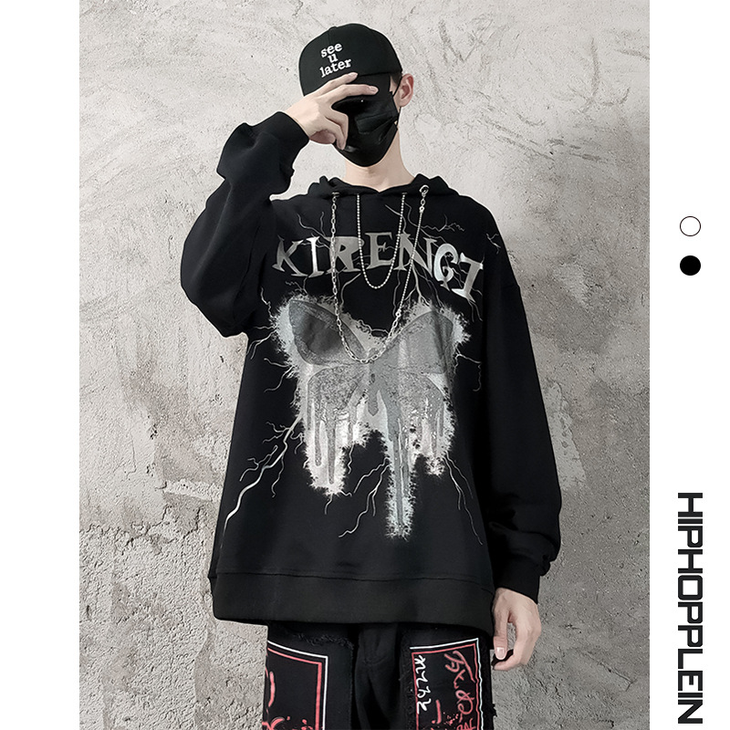 HIP Men's Autumn And Winter High Street Fashion Brand Flow Dark Butterfly Plus Velvet Printing Loose Couple Hooded Sweater Men Thick