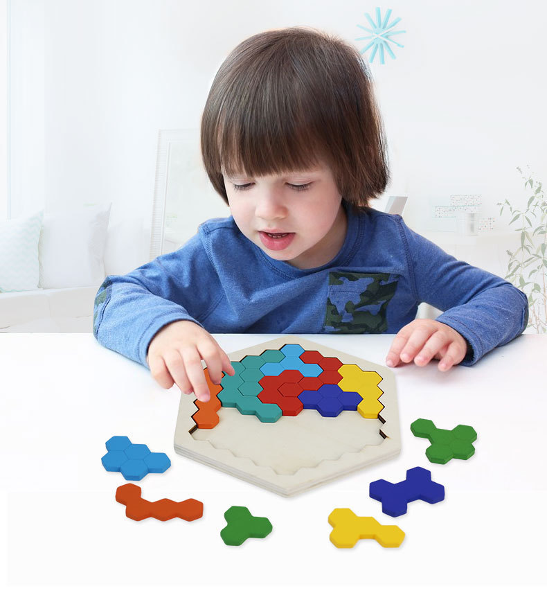 Wooden Hexagon Geometric Puzzle Children's Early Education Building Blocks Toy display picture 1