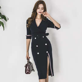 秋冬新款女装韩版OL气质西装领七分袖修身双排扣性感开叉包臀裙