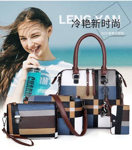 Women's  New PU Bag Mother's Day Gift Set of 4 - Grid Style Fashion Tote Bag with Trendy Texture Crossbody Bag