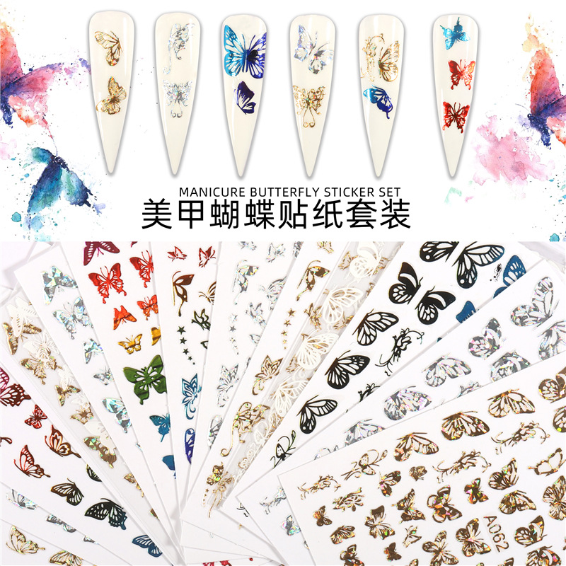 Pegatinas de uñas populares transfronterizas traje pegatinas de mariposa láser hueco pegatinas de uñas de mariposa luminosa colorida traje