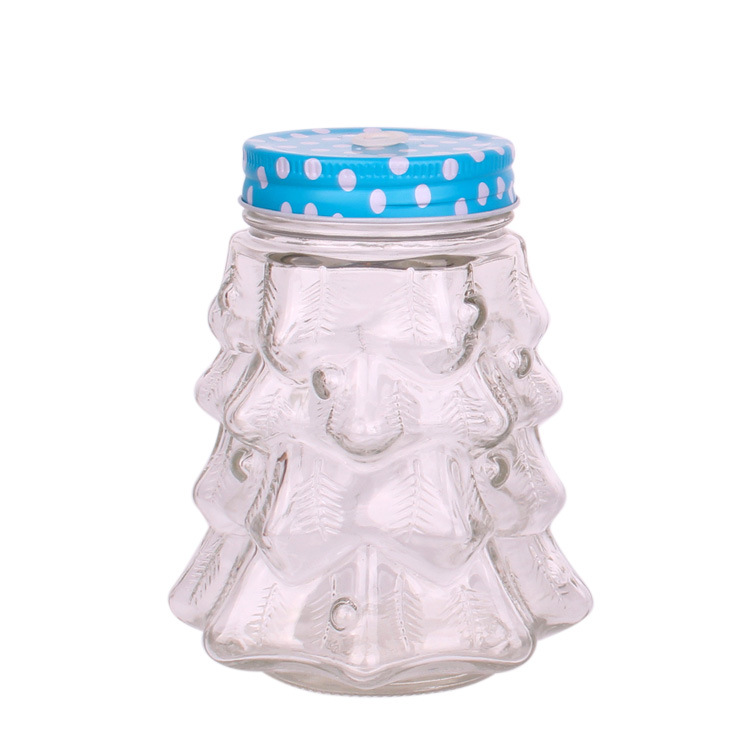 透明玻璃圣诞树梅森瓶创意礼品杯高白料密封饮料瓶 500ml松树罐子