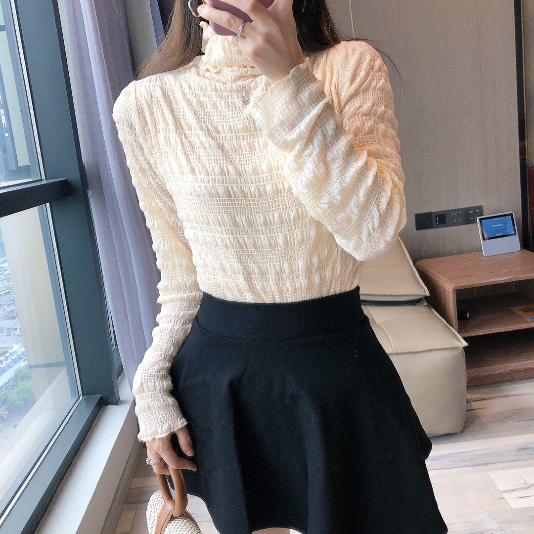 加厚蕾絲打底衫秋冬加絨保暖內搭長袖純色修身高領蕾絲網紗上衣女