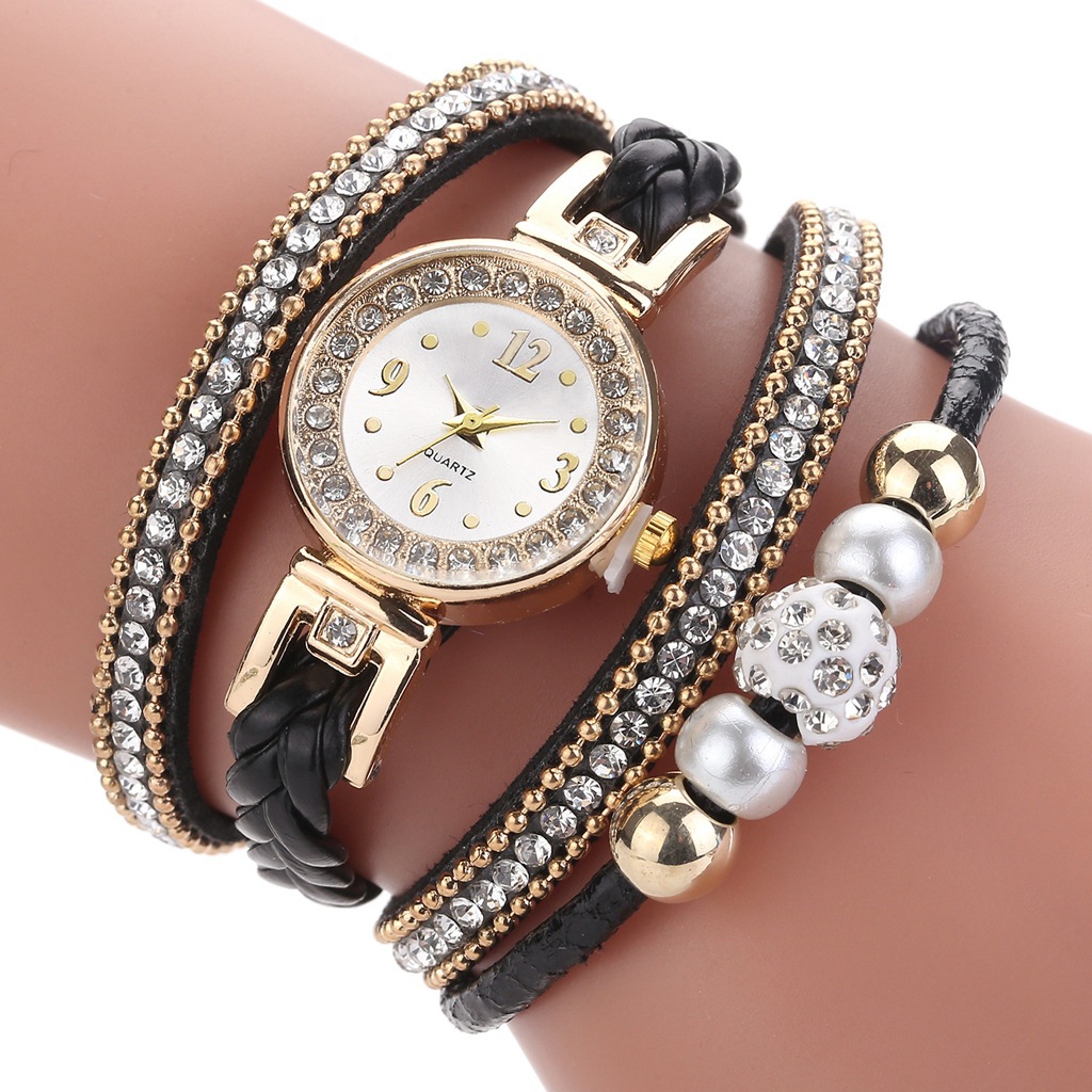 Fashion  Rhinestone Pearl Beaded Circle Pu Belt Watch display picture 1