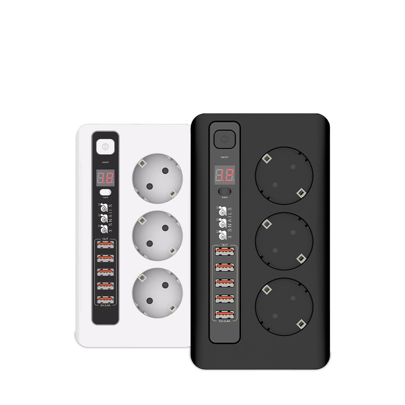 蜗牛欧式专用孔智能定时排插5USB可做快充外贸出口 家用办公插座