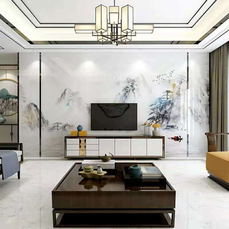 新中式山水画电视背景墙瓷砖客厅现代简约微晶石装饰拼图案大理石