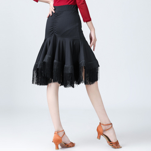 Women Black tassels Latin dance skirt adult female latin ballroom performance Fringed fishbone skirt for lady