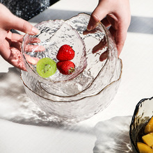 日式锤目纹金边玻璃碗家用耐热透明不规则水果沙拉碗餐具面碗批发