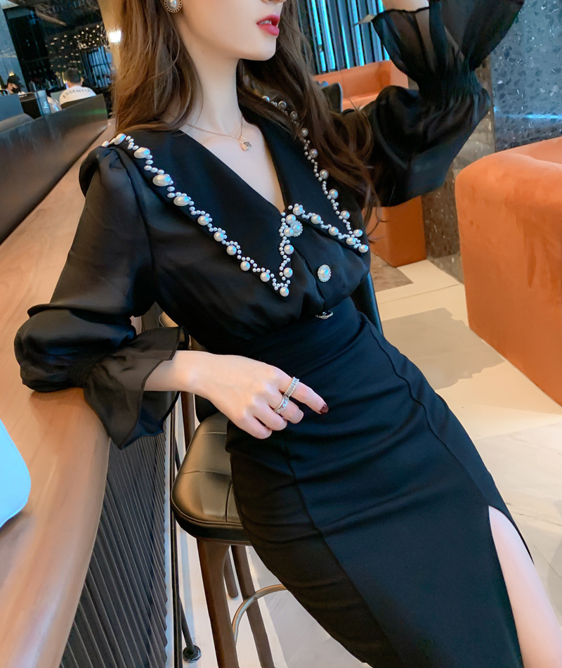 Đầm liền dài tay cổ búp bê xẻ tà ôm eo kiểu Pháp — Màu đen chi tiết 15