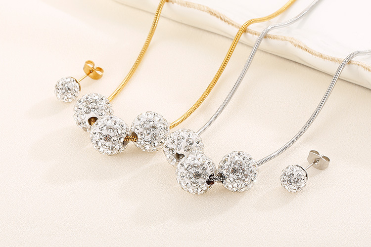 Korean temperament rhinestone small round bead necklace earring set stainless steel steel ball jewel