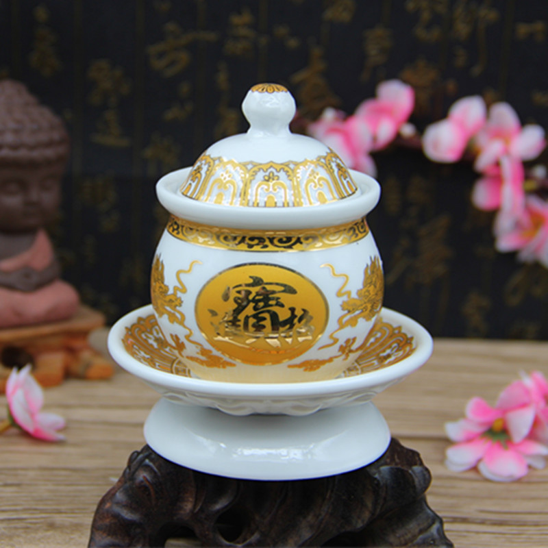 陶瓷财神供杯供水杯观音大悲咒供佛杯 佛杯圣水杯描金莲花大悲水|ms