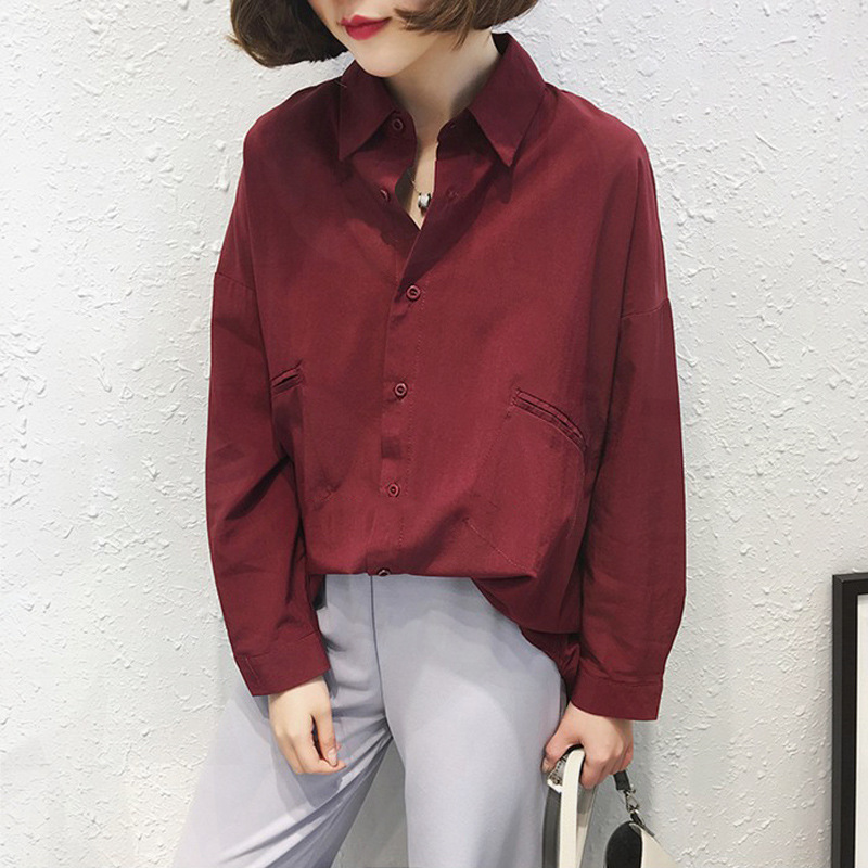 Autumn New Women's Clothing Design Sense Western Style Loose Top Women's Slim Belly Covering Shirt Long Sleeve Red Shirt Customized