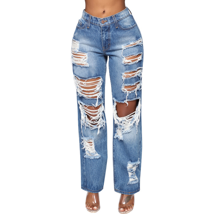 European And American Ladies Jeans Ripped Non-Stretch Trousers