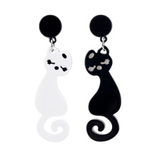 日韩可爱卡通黑白猫咪耳环 亚克力黑白色系小萌猫不对称耳环耳饰