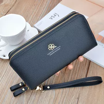 New women's purse women's long double zipper handbag fashion lychee pattern large capacity double-layer wallet mobile phone bag - ShopShipShake