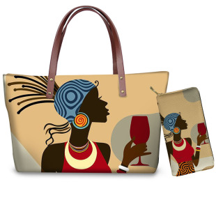 Simple Painting African Women's Art Large Satchel PU Shoulder Bag Wallet to Picture Custom Mid-length Wallet Two-piece Set