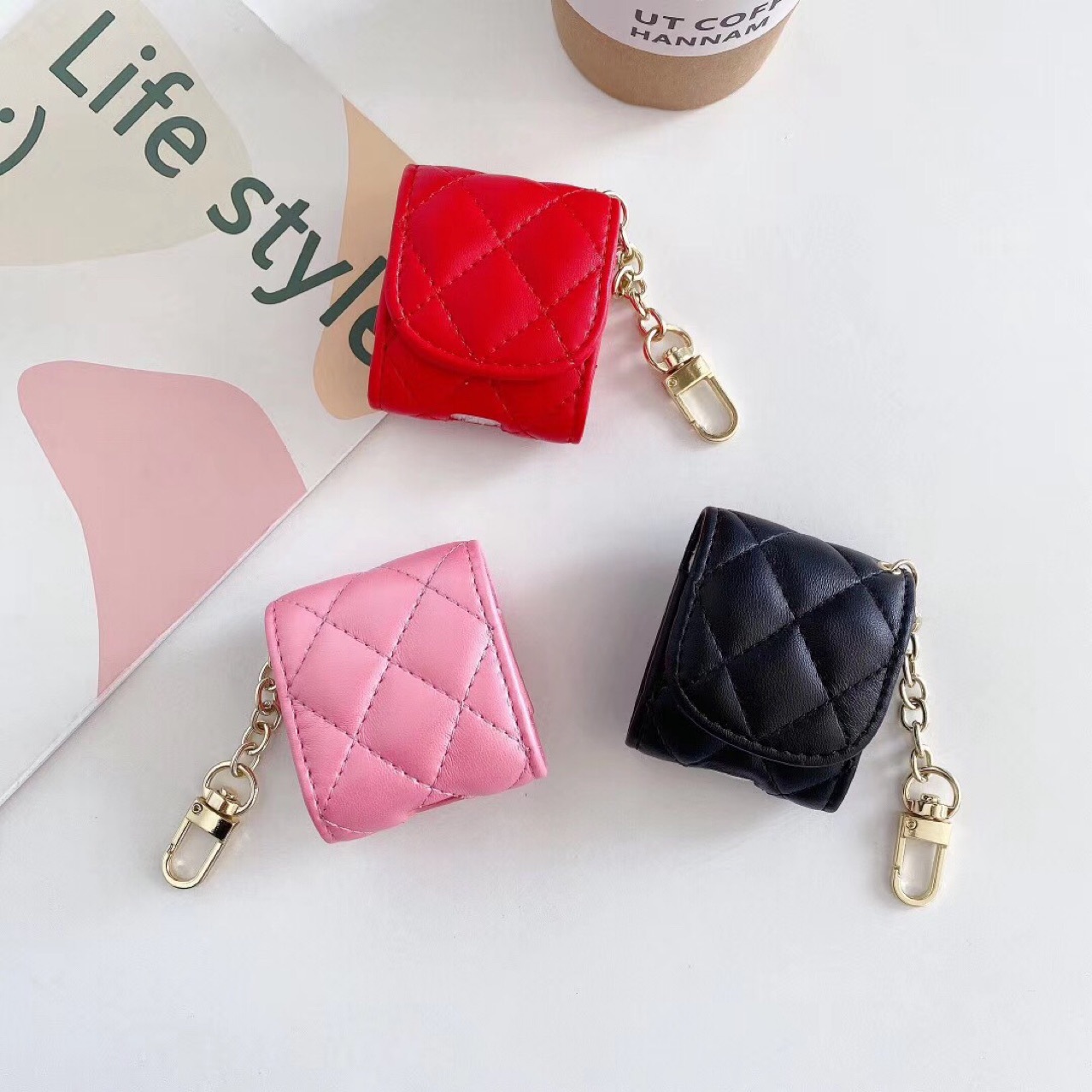 Lingge Pattern Pu Leather Lingge Simple Style Earphone Cases Phone Accessories