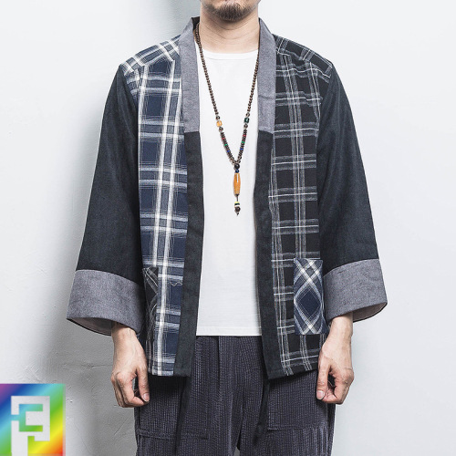 Shirt men national Plaid cardigan Kimono Hanfu tang suit t-shirt men large Daopao shirt