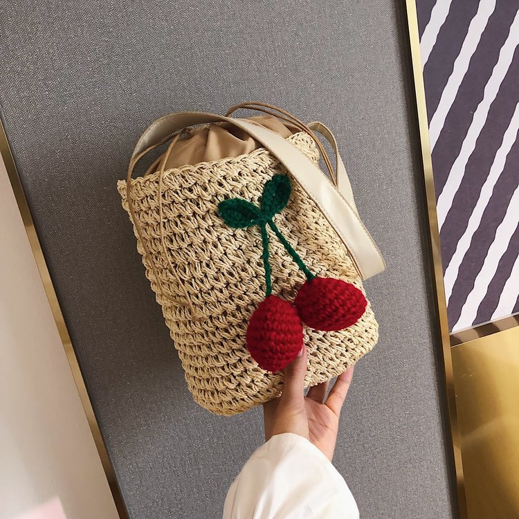 New Korean Straw Bucket Bag Cherry Woven Messenger Bag Shoulder Bag Beach Bag Vacation Beach Bag display picture 4