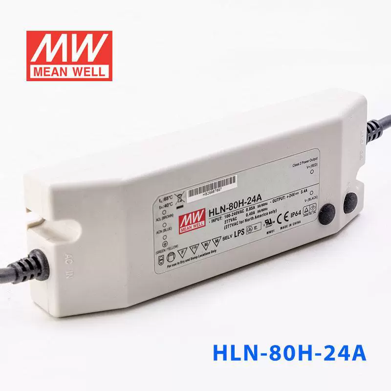 Постоянный ток 80W 24V 3.4A HLN-80H-24A Taiwan Mingwei 80W 24V 3.4A Пластиковый корпус Водонепроницаемая светодиодная мощность с постоянным напряжением+постоянный PFC