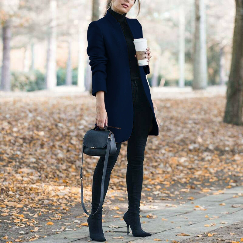 Long woolen coat (Amazon) fitted stand‑collar demi‑season, lightweight, multiple sizes