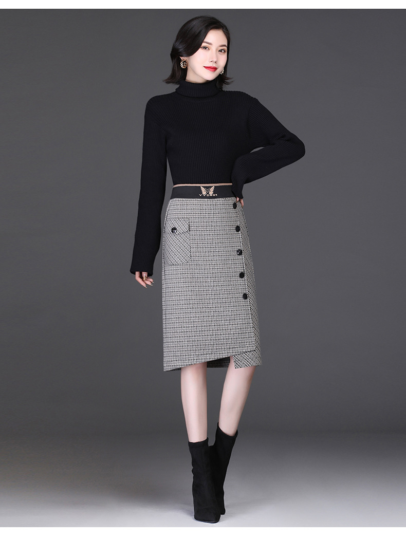 Houndstooth mid-length irregular high waist skirt NSYZ19840