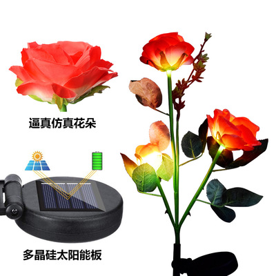 amazon跨境太阳能仿真花灯玫瑰花庭院装饰灯3头花灯太阳能草坪灯