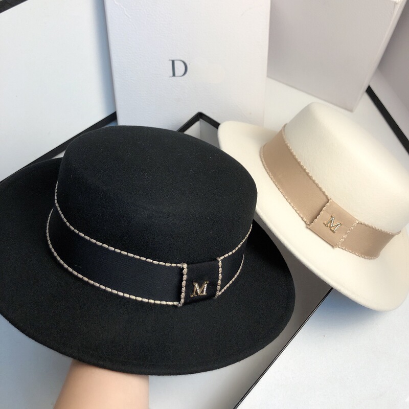 Trendy Autumn and Winter Woolen French-Style Elegant White Flat-Top Hat for Women, British Retro Fashion Hepburn Hat Trendy Autumn and Winter Woolen French-Style Elegant White Flat-Top Hat for Women, British Retro Fashion Hepburn Hat