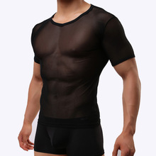 外貿男士緊身性感網紗透明短袖T恤男式透氣運動短袖T恤男E670