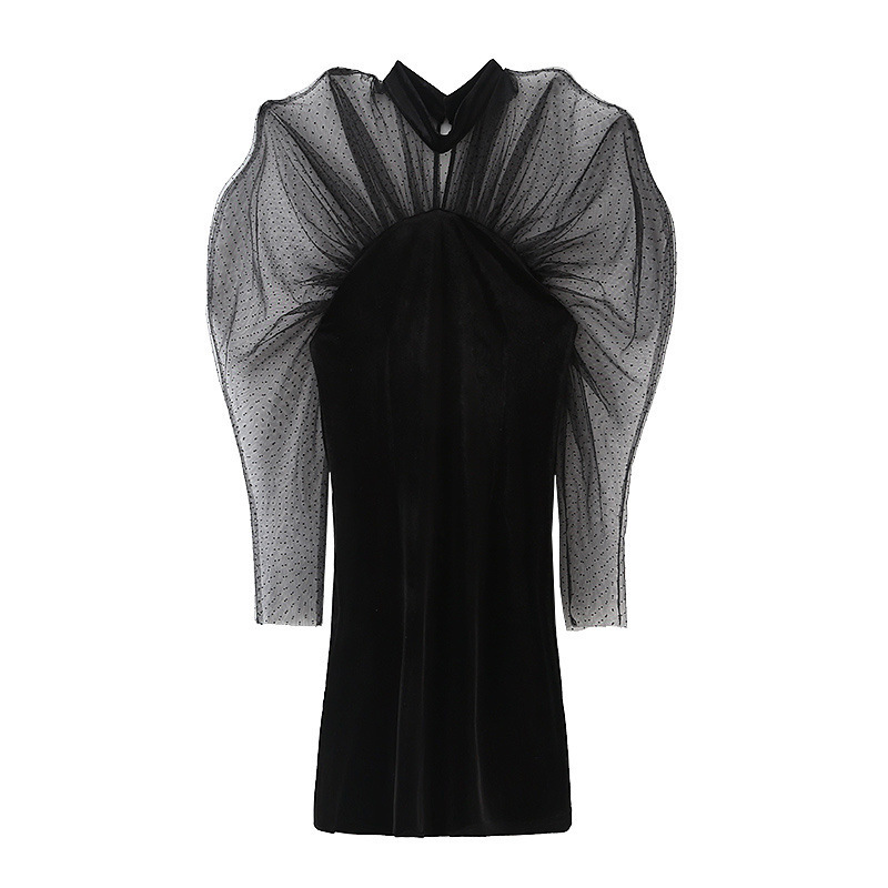 CX/20200RE 欧美跨境女装21春新款圆领透视网纱拼接天鹅绒连衣裙