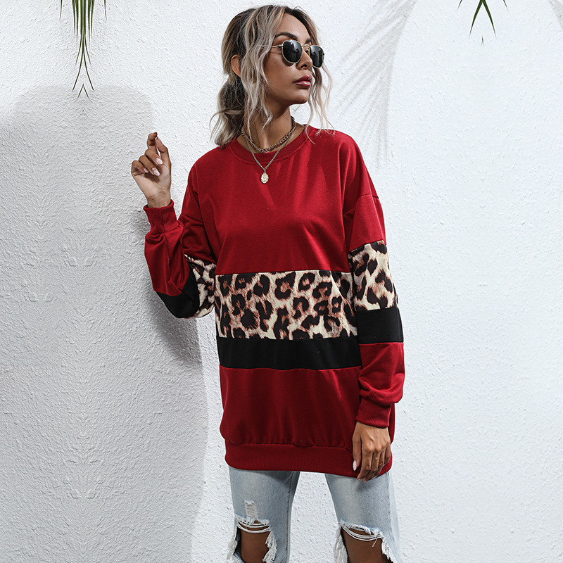 2020秋冬新款欧美跨境街头豹纹拼接中长款圆领长袖卫衣女一件代发|ms