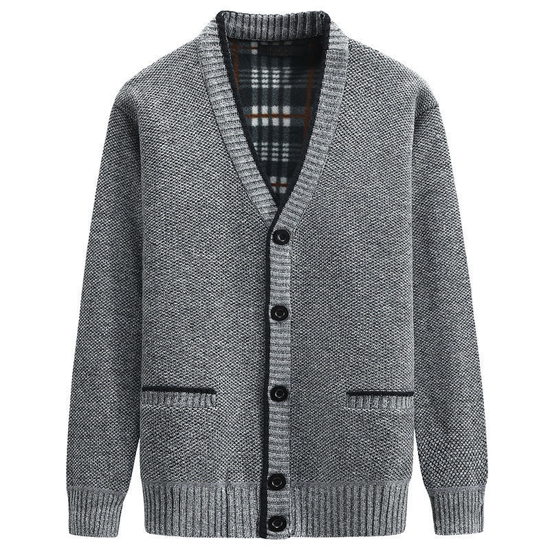 Autumn and winter men's thickened fashion cardigan sweater youth trendy V-neck slim casual fleece-lined sweater coat