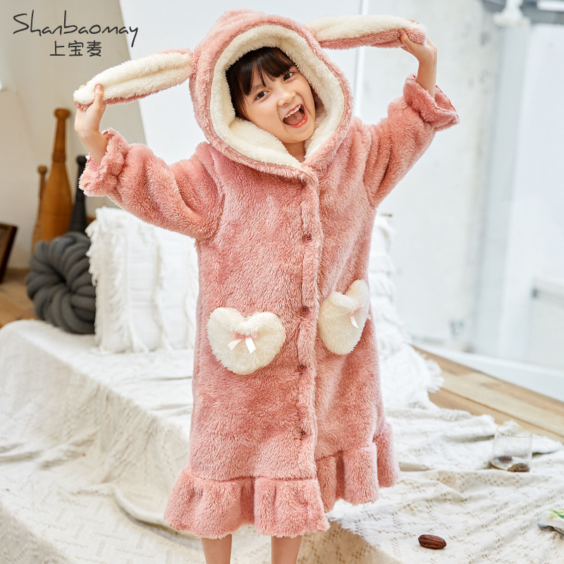 어퍼 바오 마이 가을과 겨울 어린이 나이트 가운 소년과 소녀를위한 따뜻한 플란넬 파자마 두꺼운 따뜻한 산호 양털 홈 옷