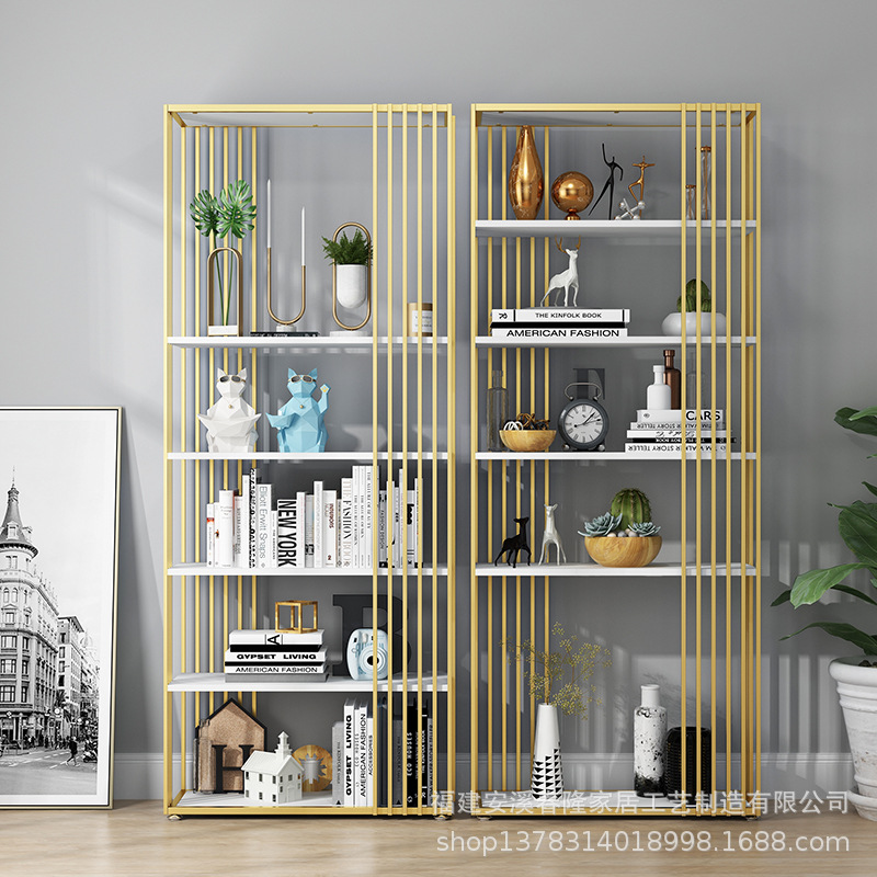 轻奢港式后现代简约书架多层置物架落地  北欧创意铁艺金色展示架|ru