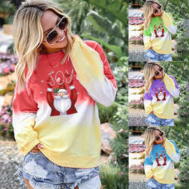 2024欧美外贸秋冬彩虹渐变色圣诞老人长袖卫衣圣诞树印花女装